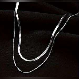 Stainless steel silver tone 2 layered flat snake bone necklace